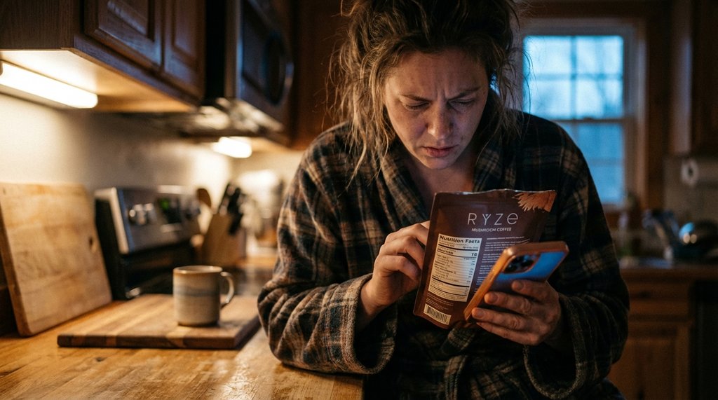 Person reading Ryze coffee label in morning kitchen