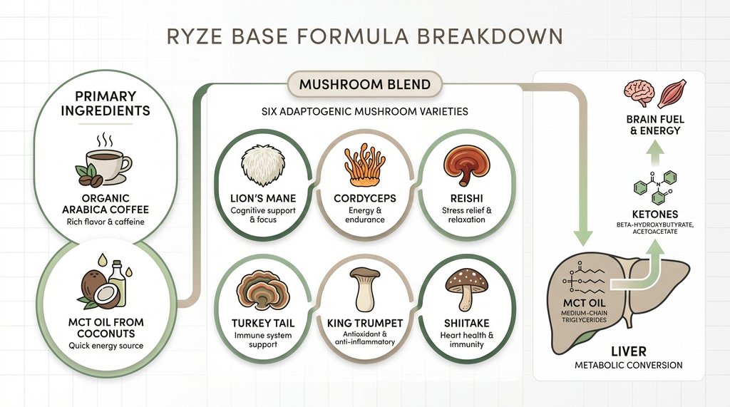 Infographic of Ryze base formula ingredient breakdown and metabolic pathways