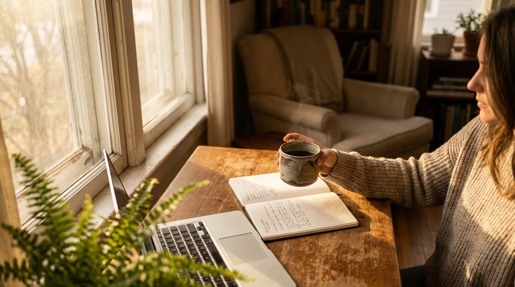 Person drinking mushroom coffee at a desk during focused work session at 11am