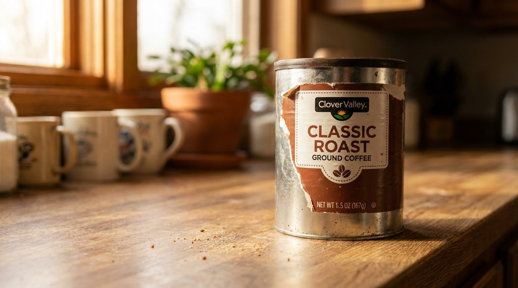 Dollar General Clover Valley coffee can on kitchen counter