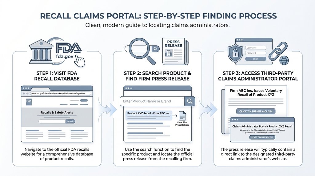 Infographic showing the recall claim portal lookup process