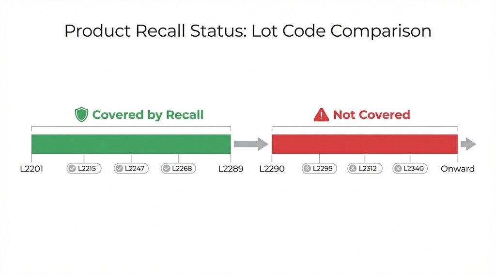 Infographic comparing covered vs. not covered lot code ranges