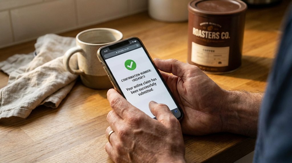 Person checking recall claim confirmation number on smartphone