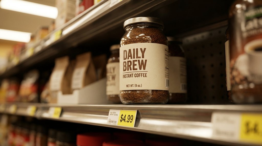 Clover Valley Instant Coffee jar on Dollar General shelf