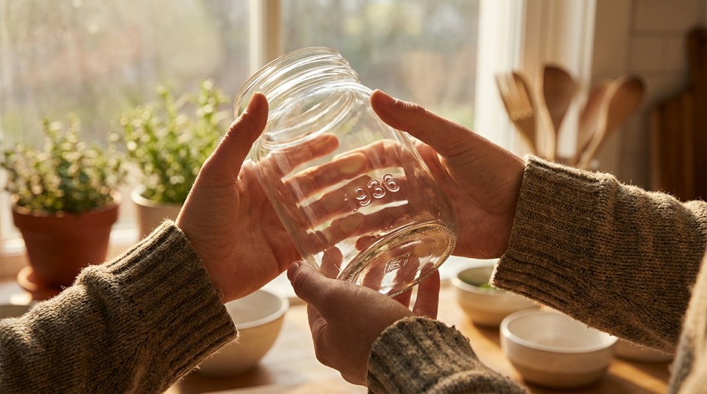 Person inspecting the base of a glass jar under angled light