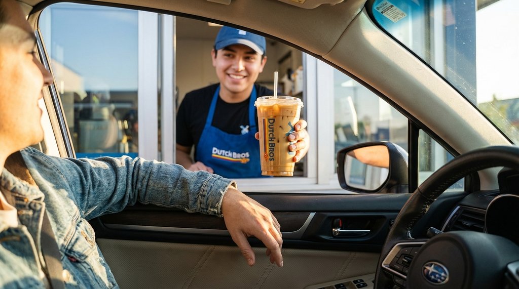 Customer ordering at Dutch Bros drive-through window