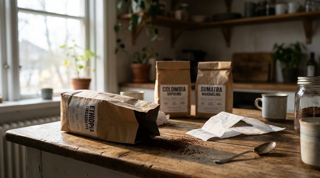Three opened coffee bags on a kitchen counter