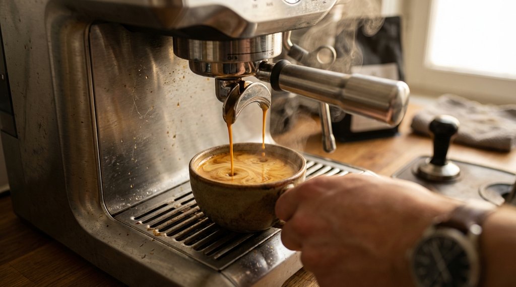 Espresso shot being pulled on a home machine