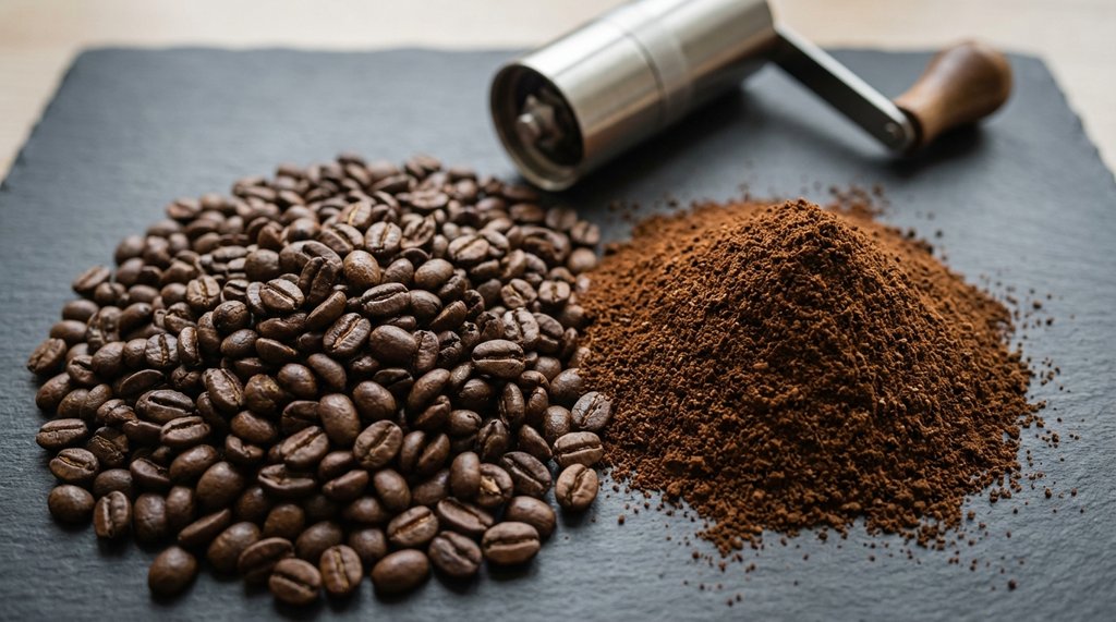 Side-by-side of whole coffee beans and ground coffee