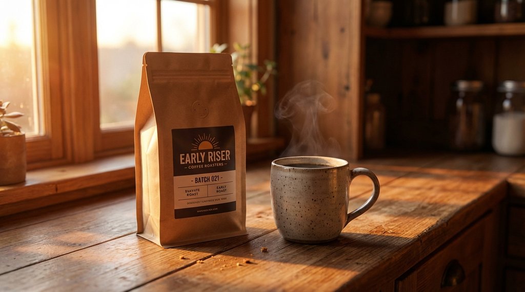 Single coffee bag next to a freshly brewed morning cup