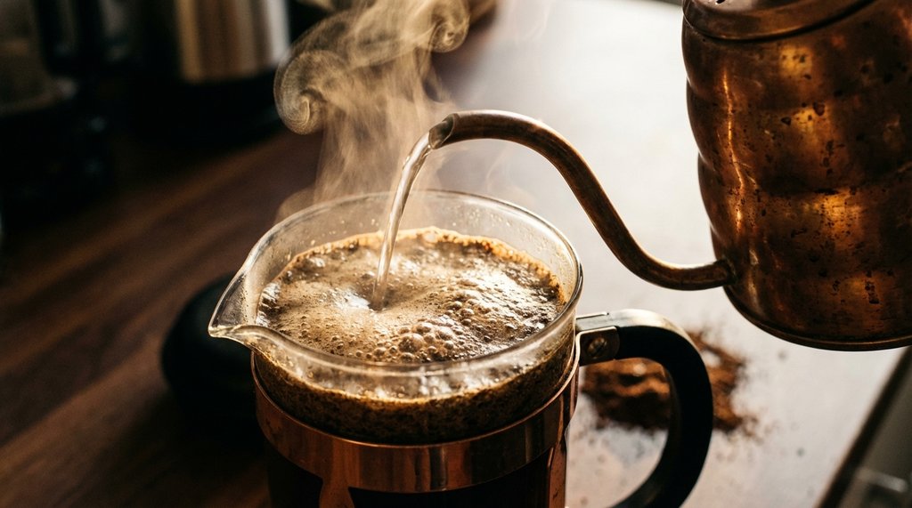 Pouring Hot Water into French Press