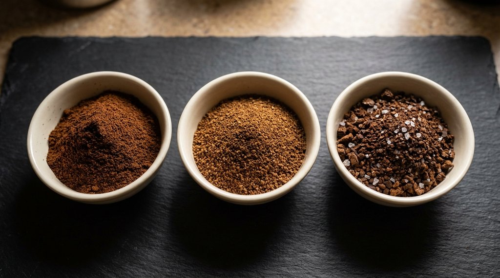Close-up comparison of coffee grind sizes side by side