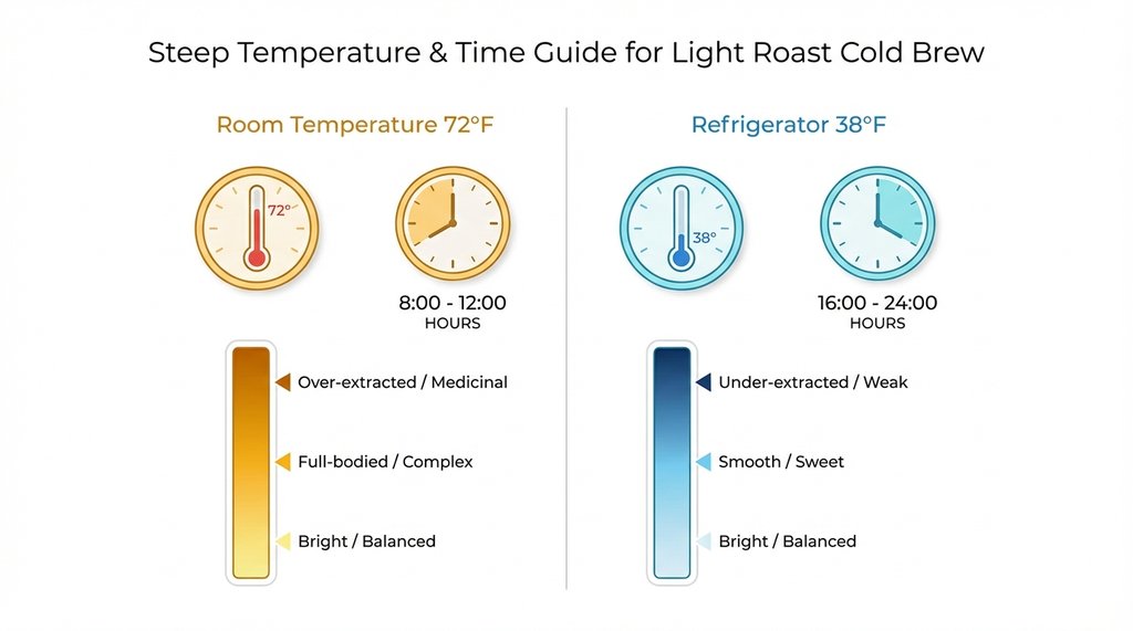 Infographic comparing room temperature versus refrigerator cold brew steep times for light roast coffee