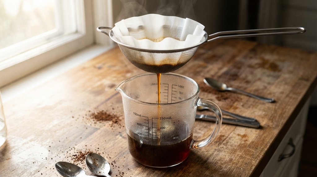 Double filtering cold brew concentrate through mesh strainer and Chemex paper filter