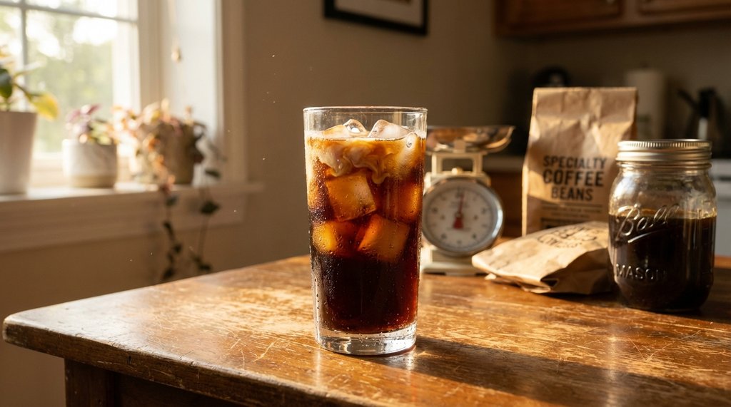 Finished cold brew served over ice in a glass beside the recipe ingredients
