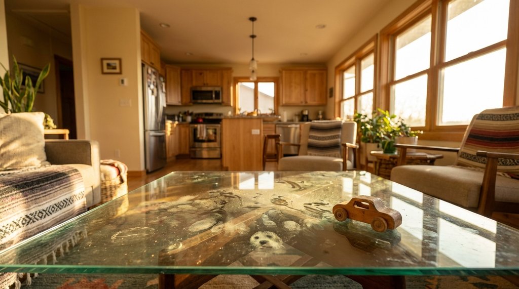 Fingerprint-covered clear glass coffee table in open-concept living space