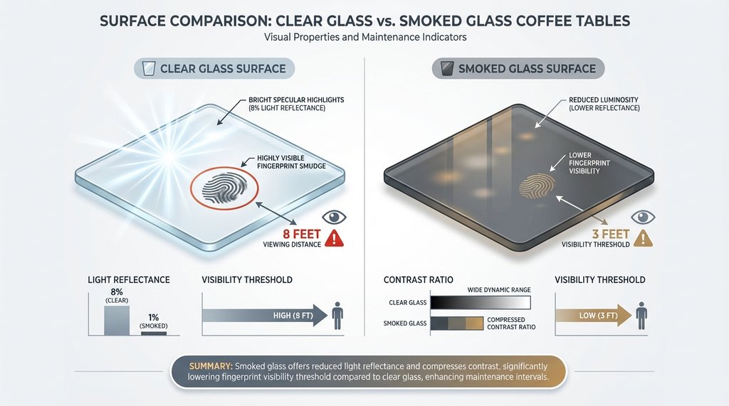 Infographic comparing light reflectance of clear glass vs smoked glass with fingerprint visibility zones