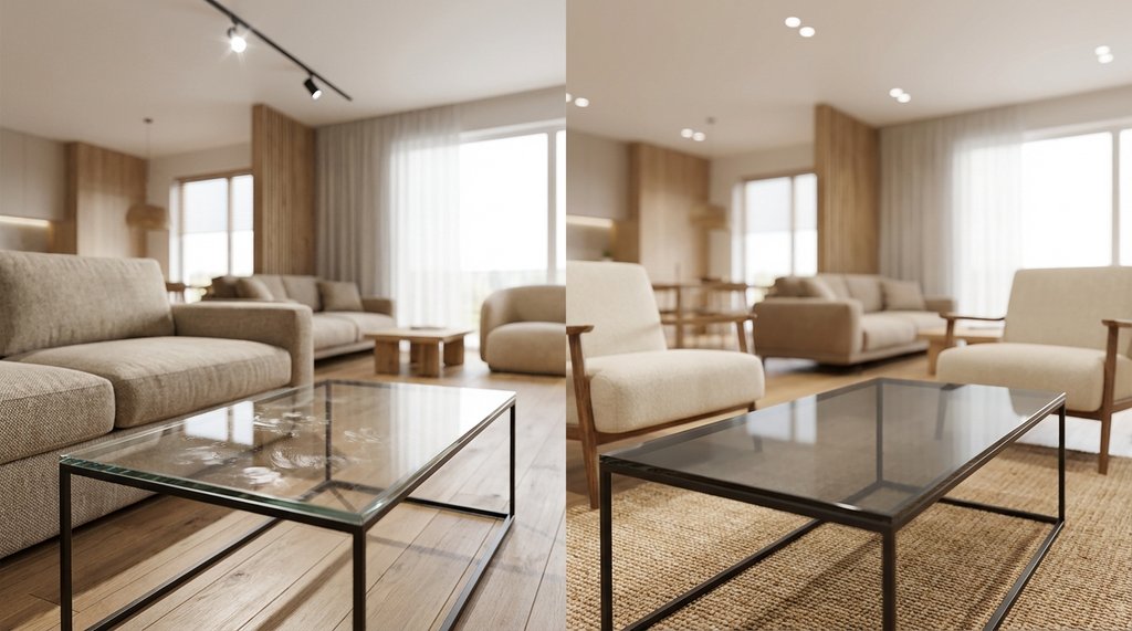 Side-by-side clear and smoked glass coffee table surfaces under different lighting conditions