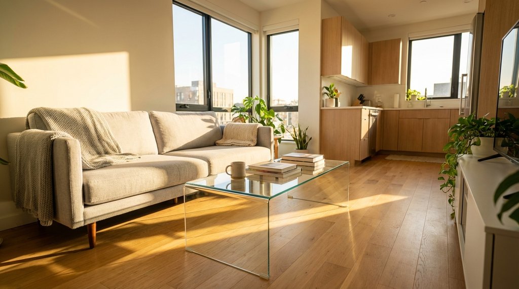 Anti-reflective treated clear glass coffee table in a small open-concept apartment