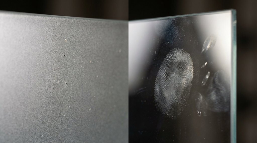 Close-up macro texture comparison of frosted acid-etched glass versus polished clear glass surface