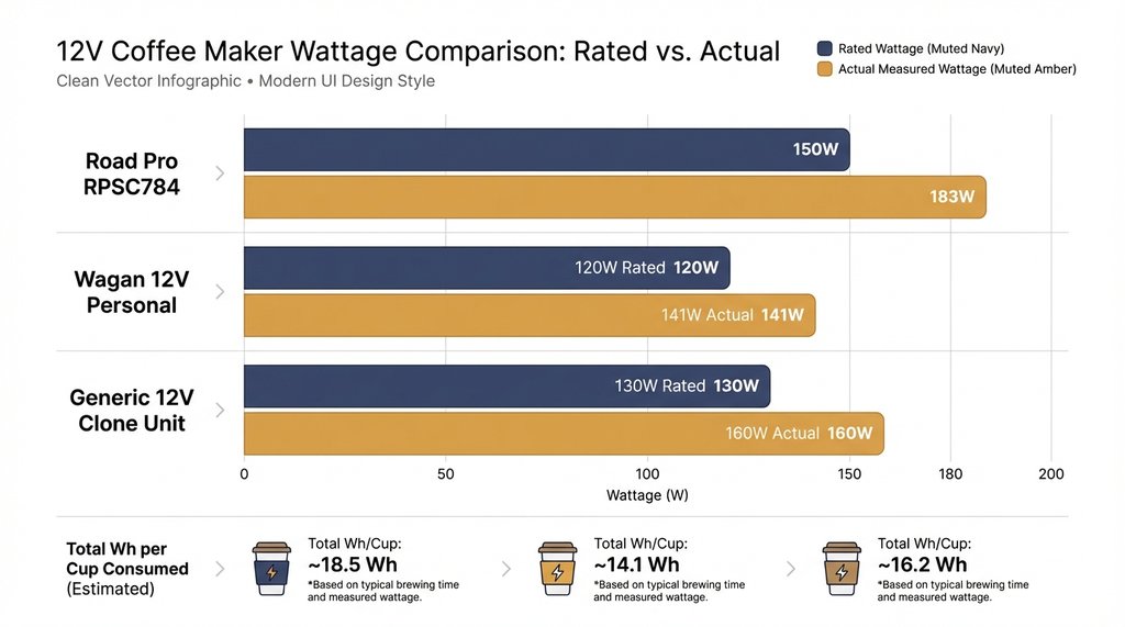 Infographic comparing rated vs actual wattage draw for 12V coffee makers