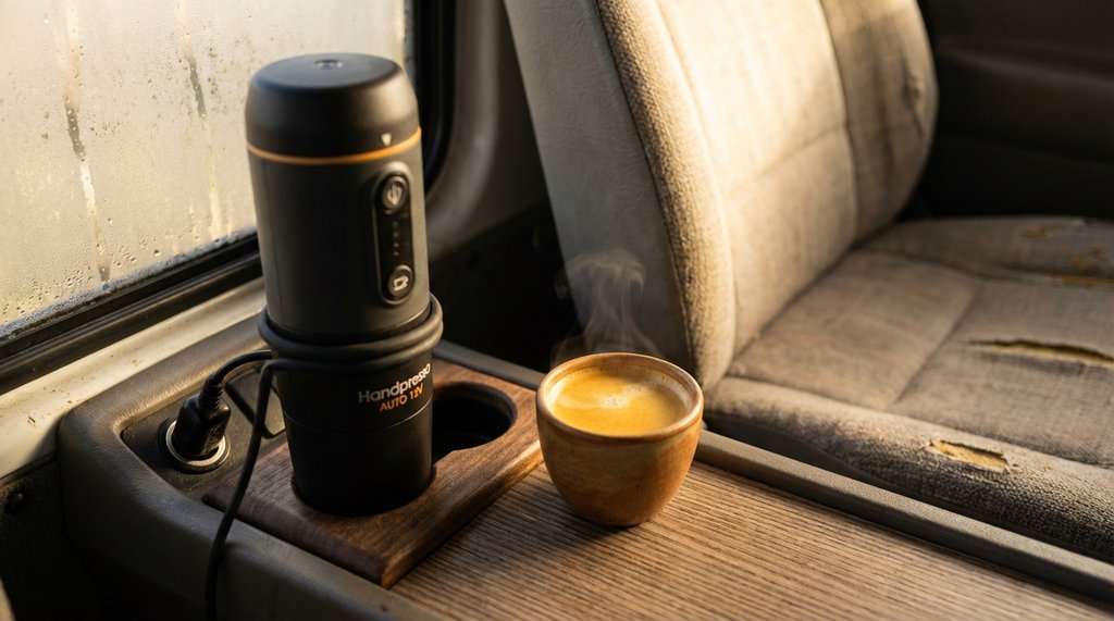 Handpresso Auto 12V espresso maker plugged into a vehicle outlet