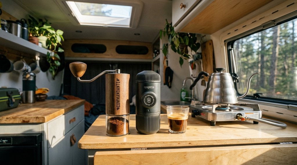 Wacaco Nanopresso and Commandante C40 hand grinder on a van kitchenette counter
