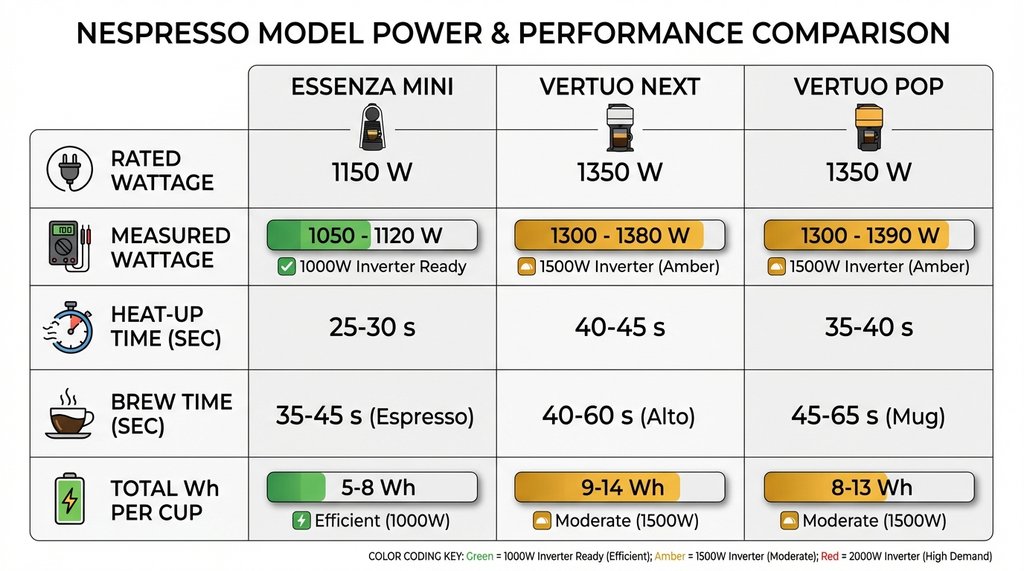 Comparison infographic of Nespresso models wattage and energy cost per cup