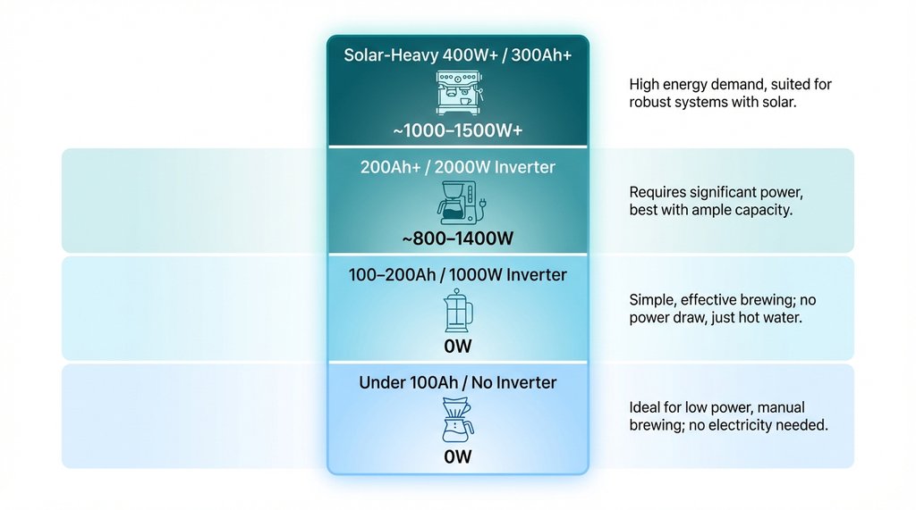 Tiered recommendation infographic for van life coffee brewers by battery system size