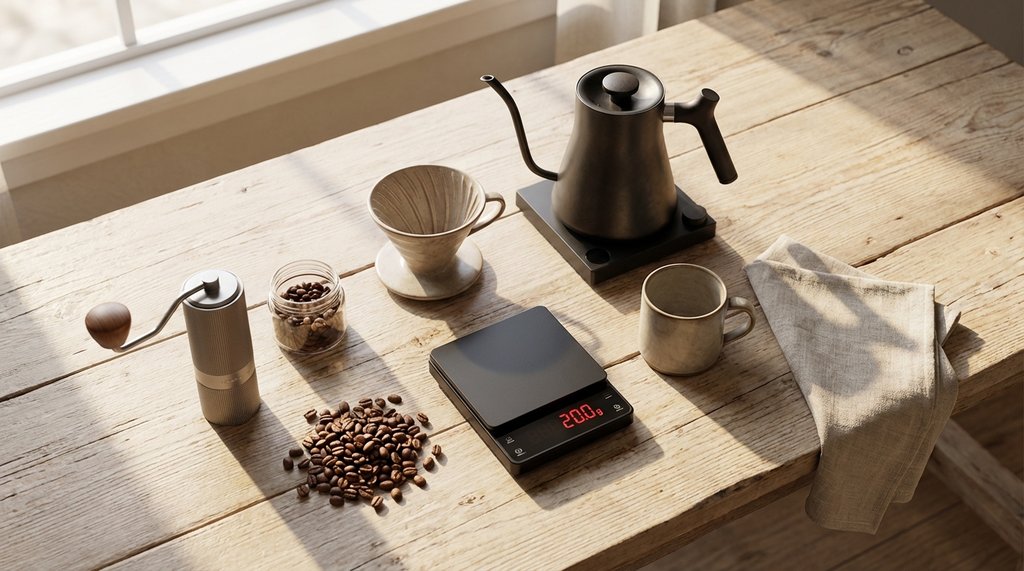 Coffee brewing setup with digital scale and hand grinder