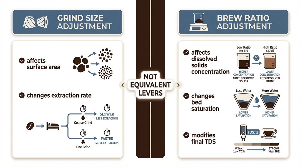Infographic comparing grind size vs brew ratio as extraction levers
