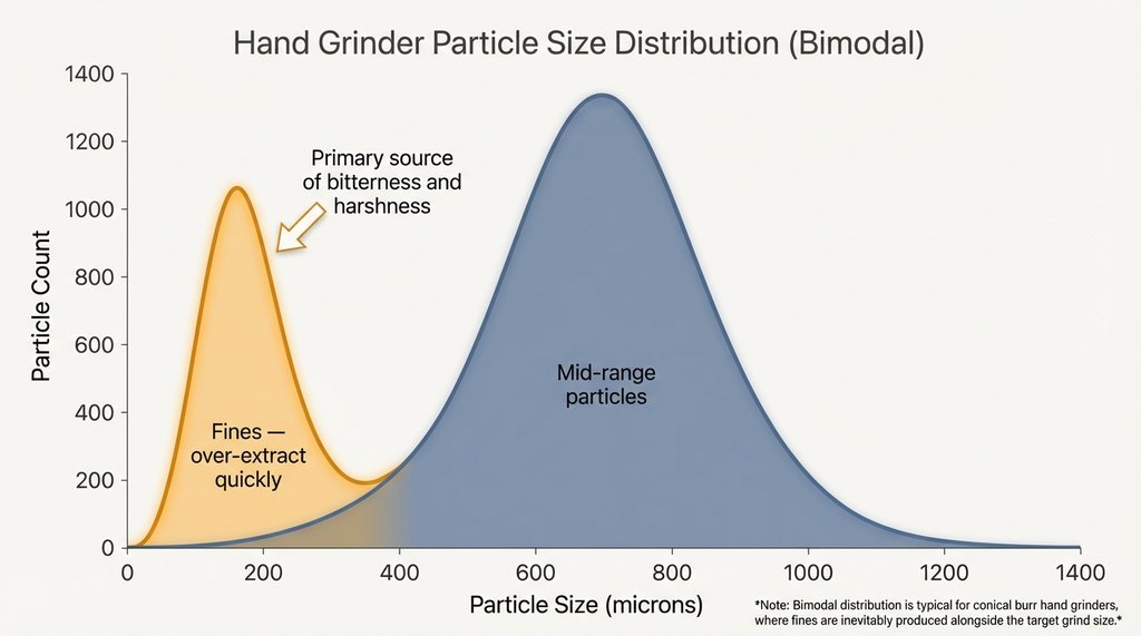 Microscopic infographic of coffee grind particle distribution from a hand grinder