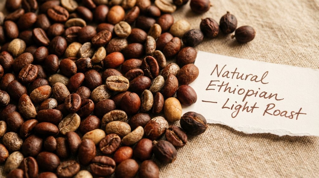 Natural Ethiopian light roast coffee beans with fruit notes