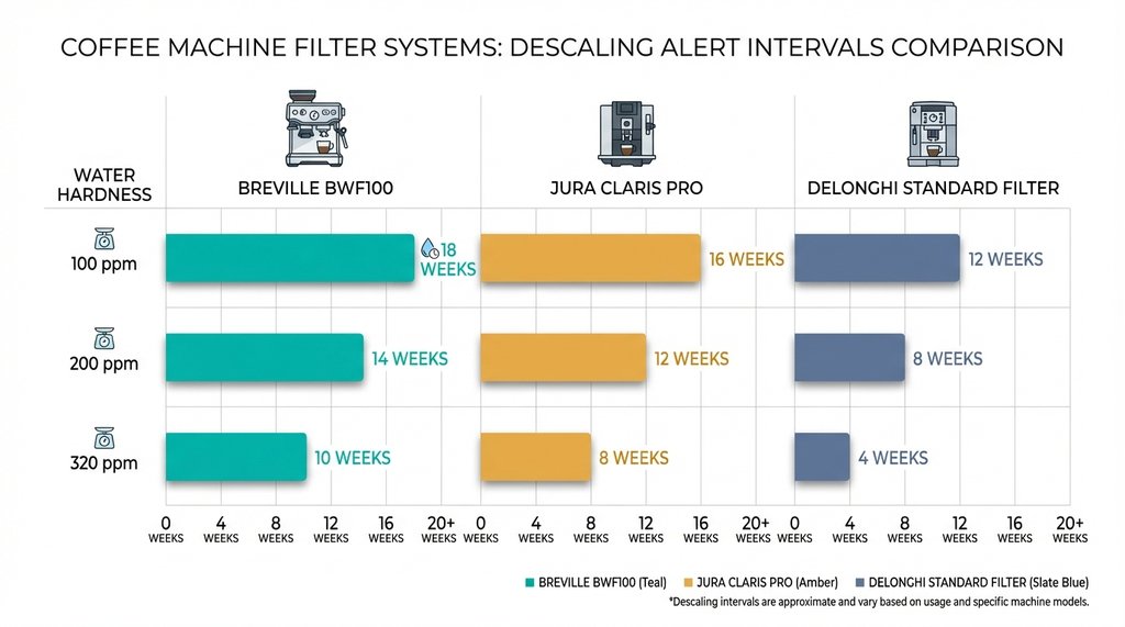 Infographic comparing Jura Claris vs standard filter cartridge descaling intervals at different water hardness levels