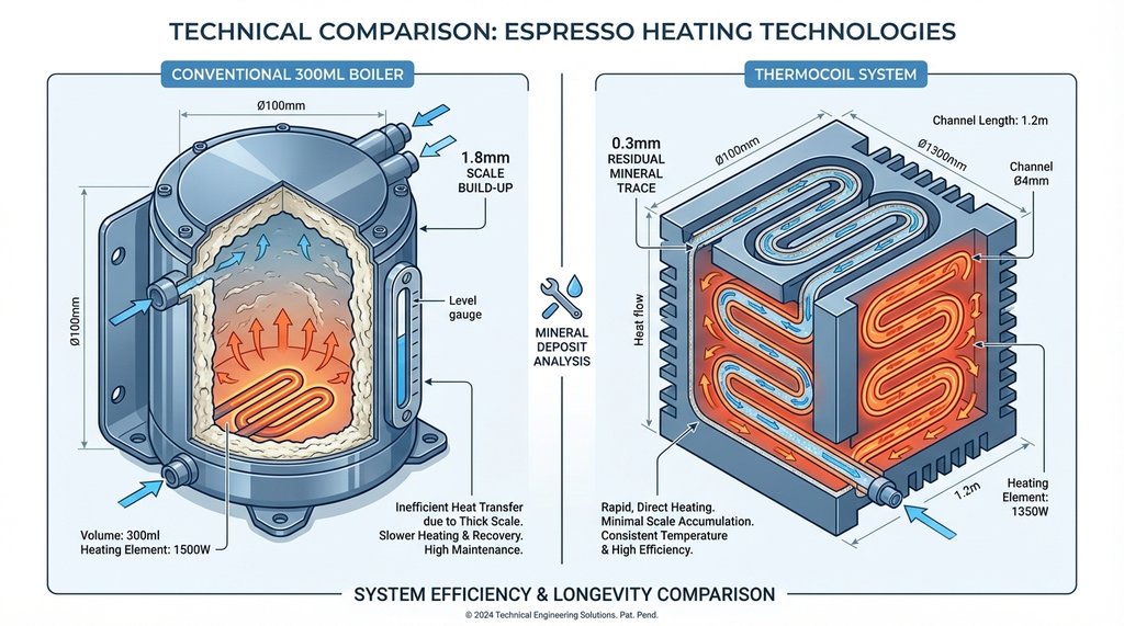Side-by-side cutaway diagram comparing traditional boiler scale vs thermoblock scale accumulation