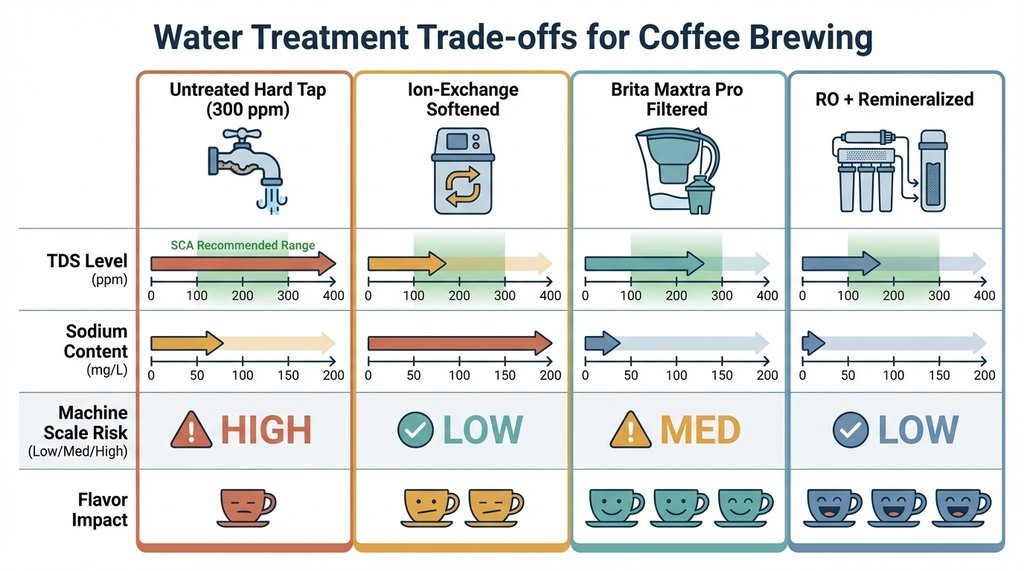 Infographic showing water treatment options and their effect on TDS, sodium, and coffee flavor