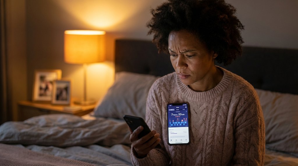 Woman reviewing sleep tracking data at night