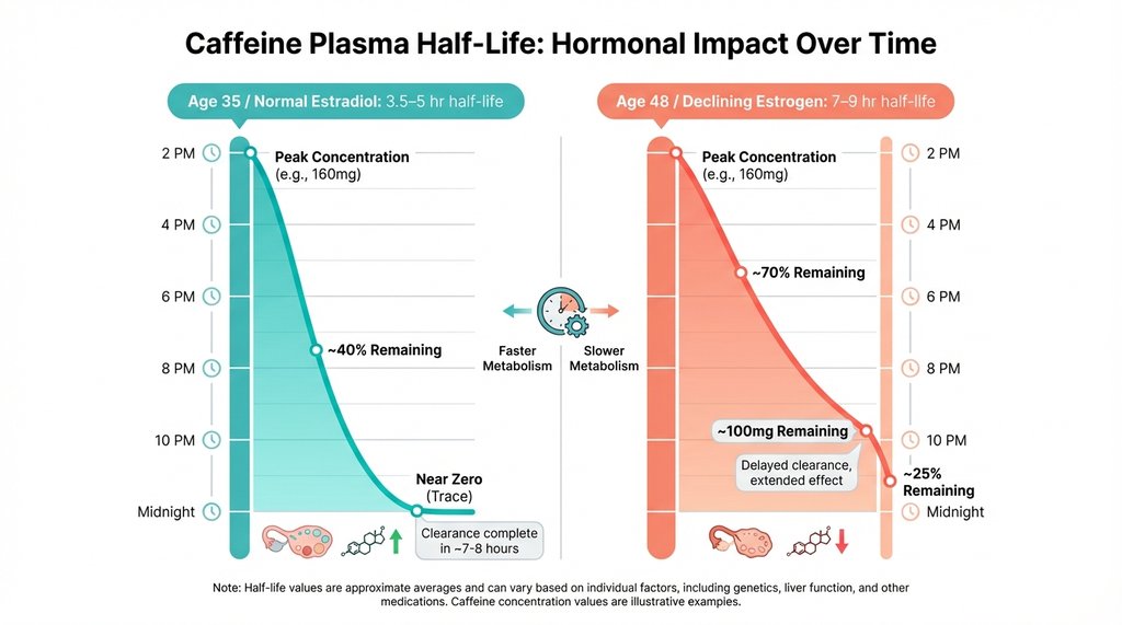 Infographic comparing caffeine half-life by hormonal status