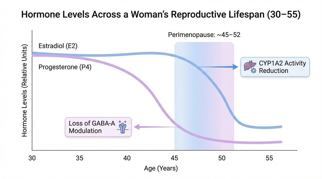 Infographic showing estrogen and progesterone decline through perimenopause