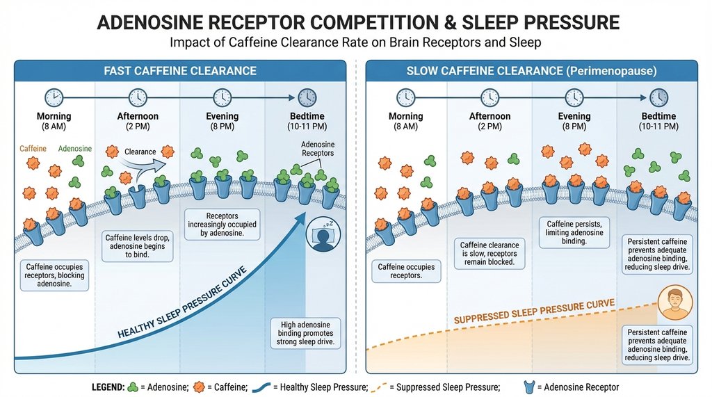 Diagram of adenosine and caffeine competing for brain receptors