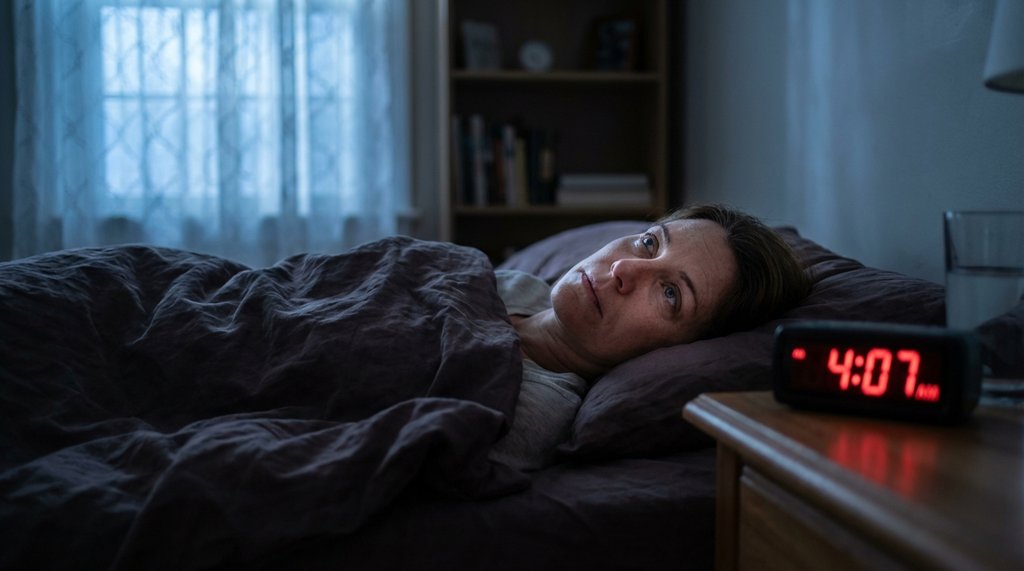 Woman lying awake in bed at 4am