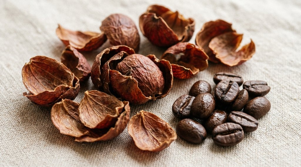 Dried coffee cherry husks close-up comparison