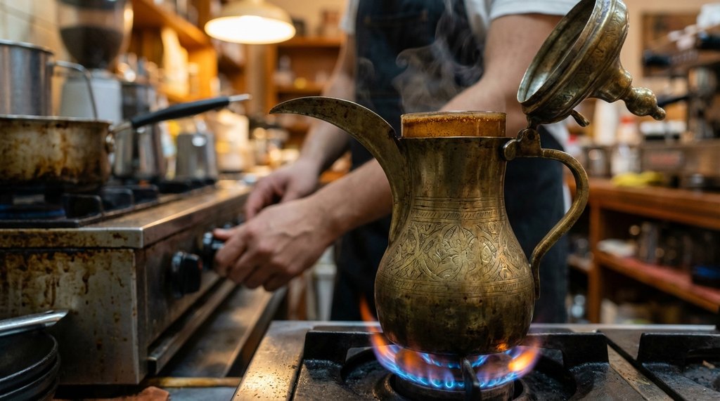 Traditional dallah brewing qishr over low heat