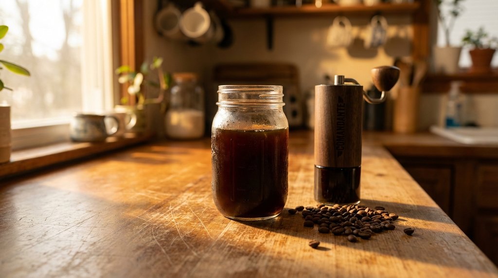 Cold brew coffee setup with Comandante grinder and Ethiopian beans