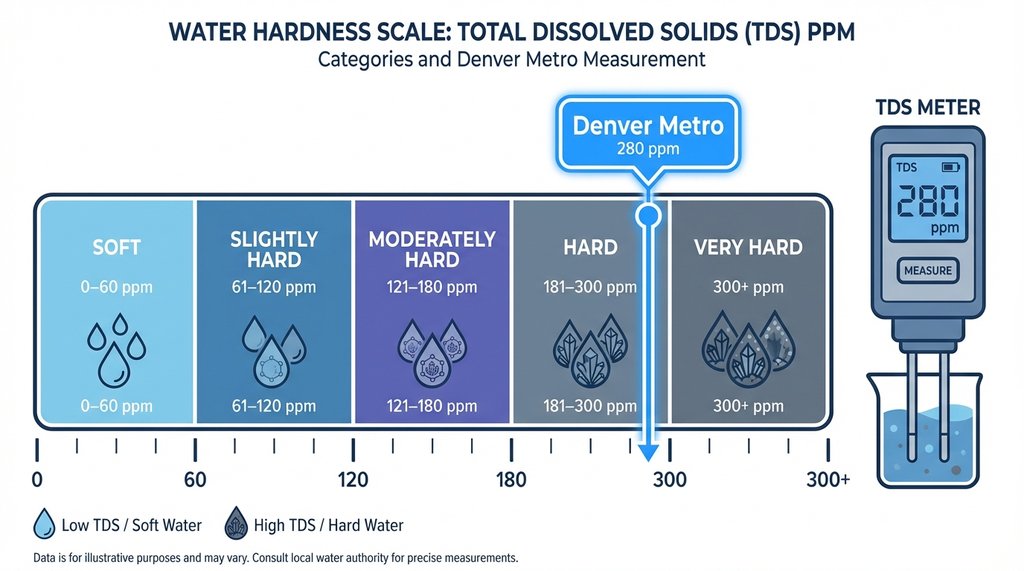 Water hardness levels infographic with ppm scale