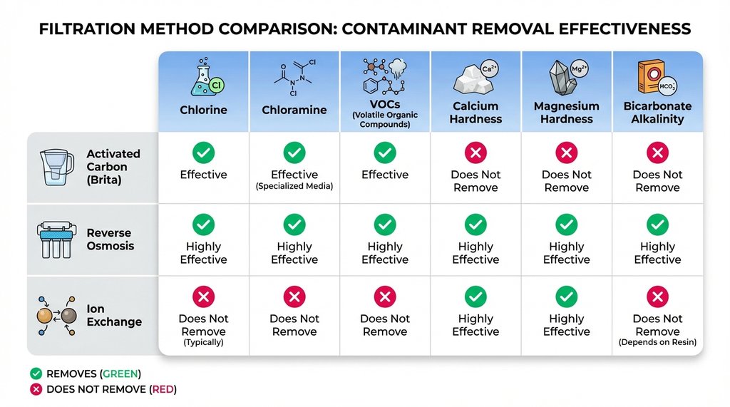 Water filtration method comparison chart showing what each filter removes