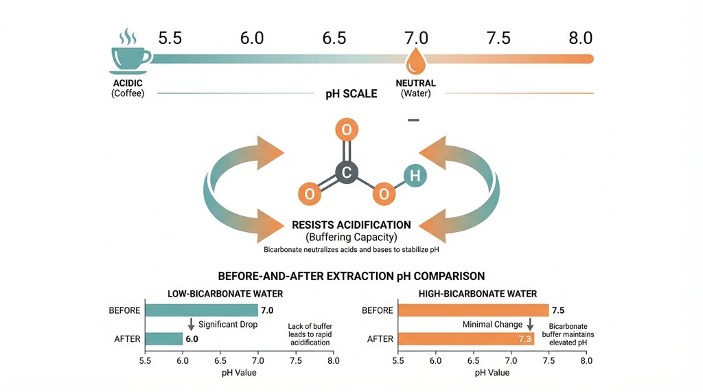 Bicarbonate alkalinity pH buffering effect during coffee extraction