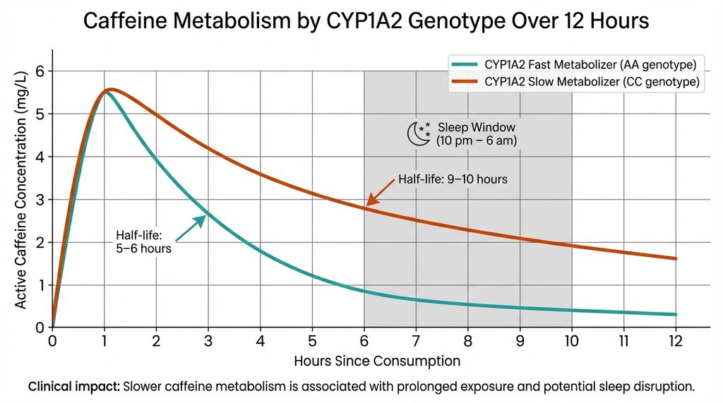 Infographic comparing fast vs slow CYP1A2 metabolism over time