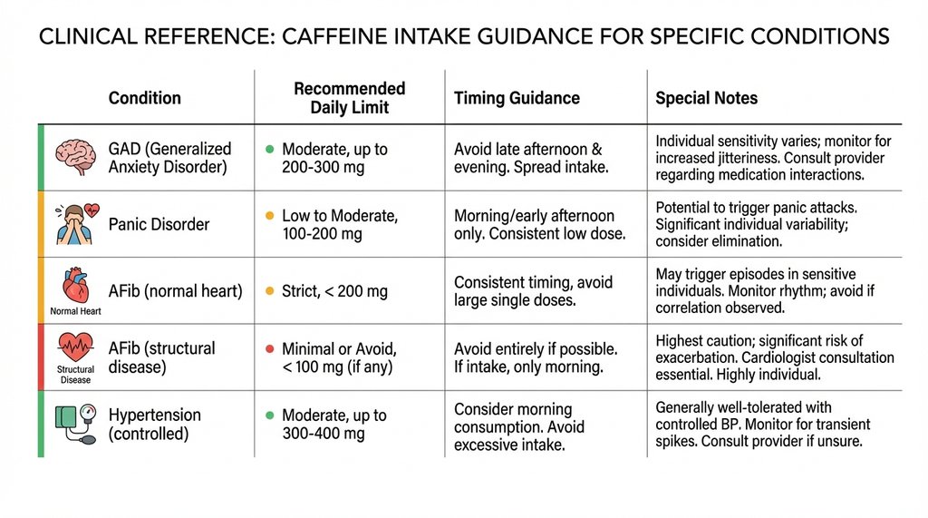 Summary table of doctor-recommended caffeine limits by medical condition
