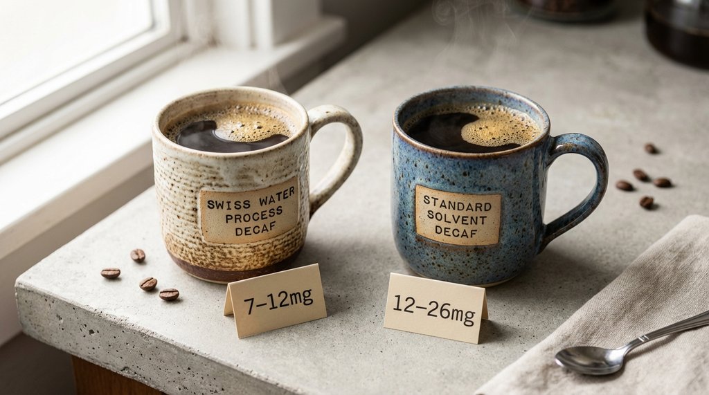 Side-by-side comparison of decaf coffee types and their caffeine content